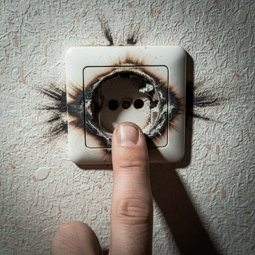 Detailaufnahme einer verschmorten Steckdose als Beispiel für Brandgefahr durch Defekte.