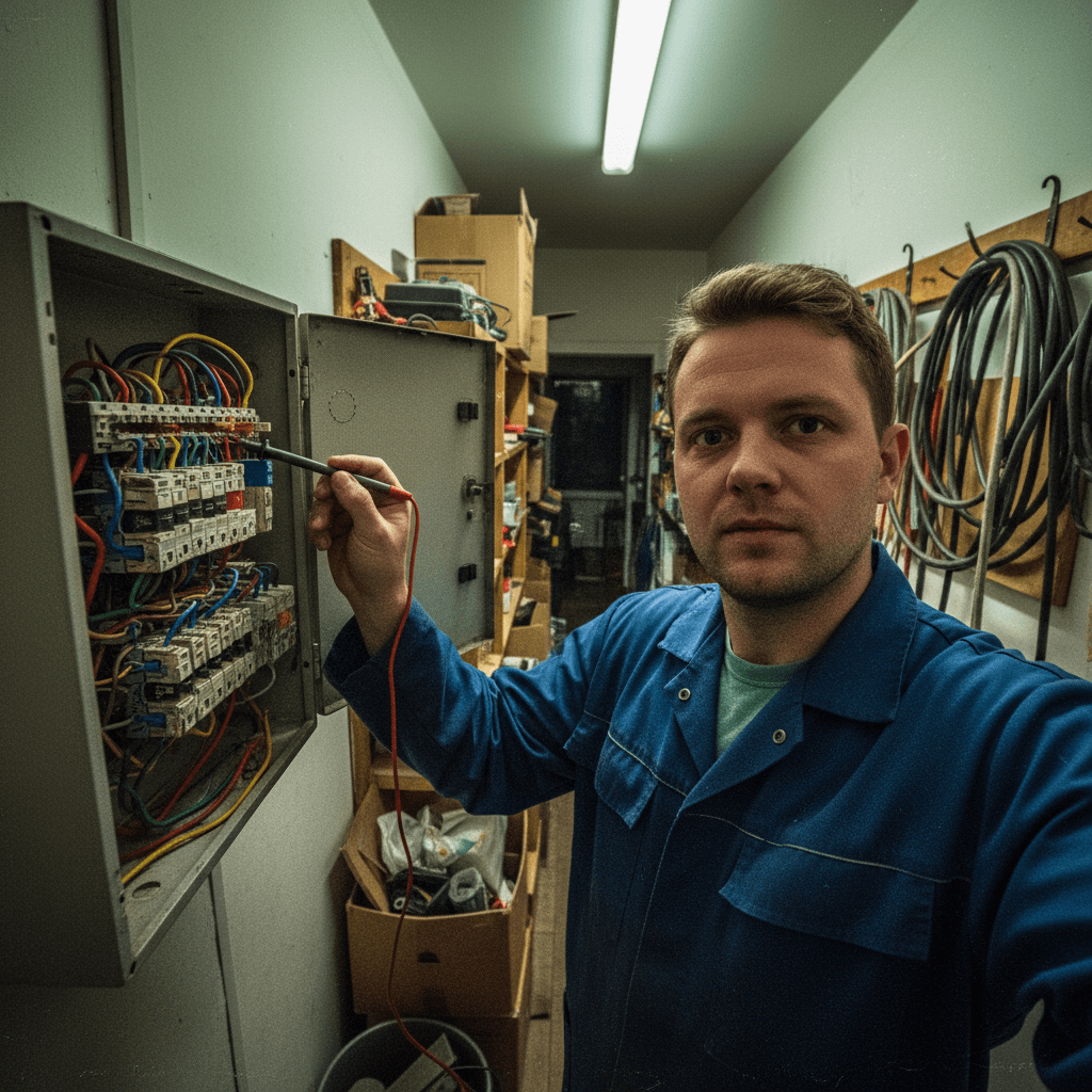 Professioneller Elektriker in Arbeitskleidung bei der Fehlersuche am Sicherungskasten mit Messgerät.