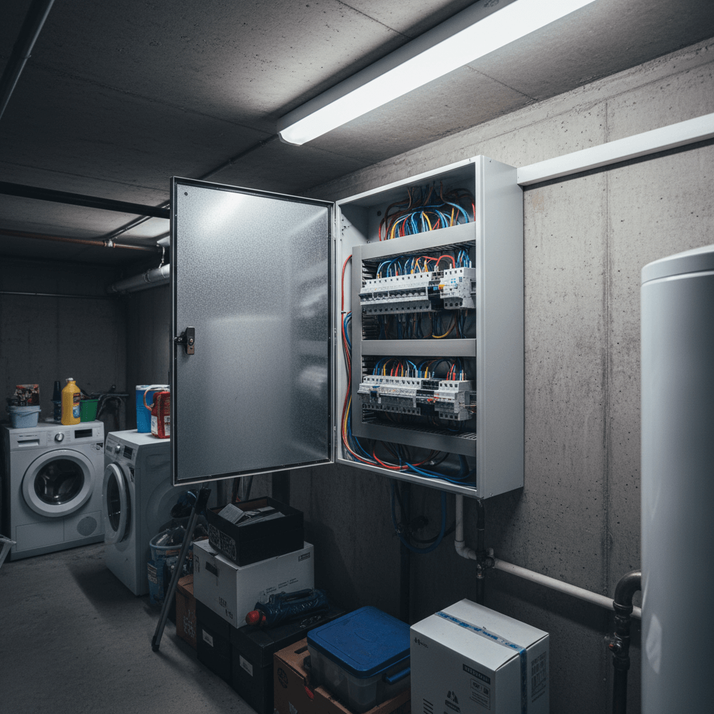 Moderner Sicherungskasten mit FI-Schutzschaltern und sauberer Verkabelung.